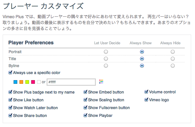 動画上に表示させる情報を選択できる