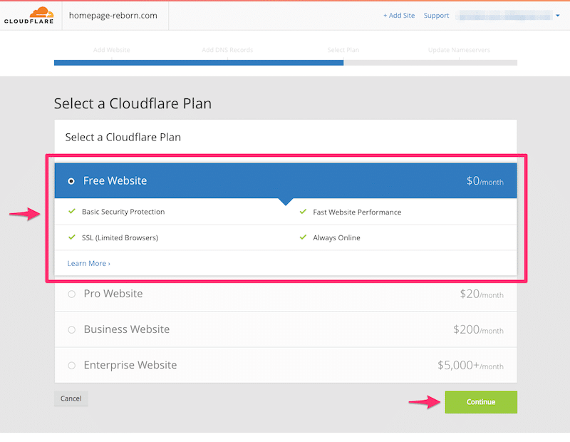 Cloudflareの料金プランの選択画面