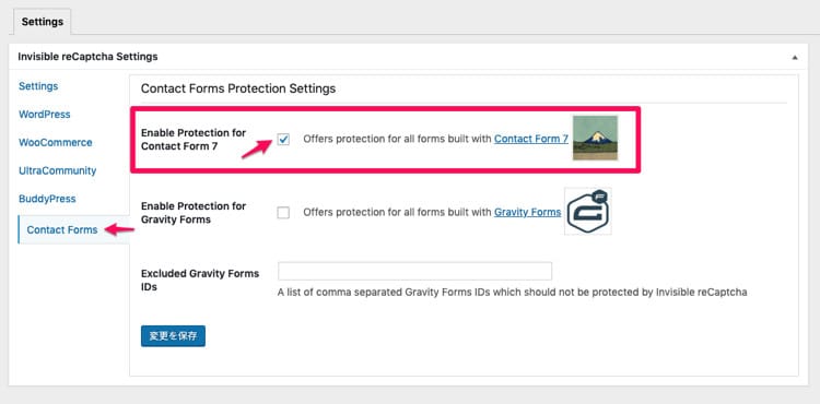 Enable Protection for Contact Form 7にチェックを入れる