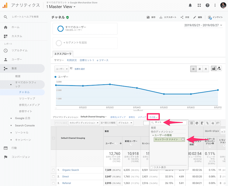 Googleアナリティクスでネットワークドメインを見る