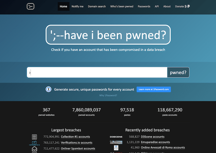 メールアドレスが漏洩しているかチェックできる「HaveIBeenPwned」