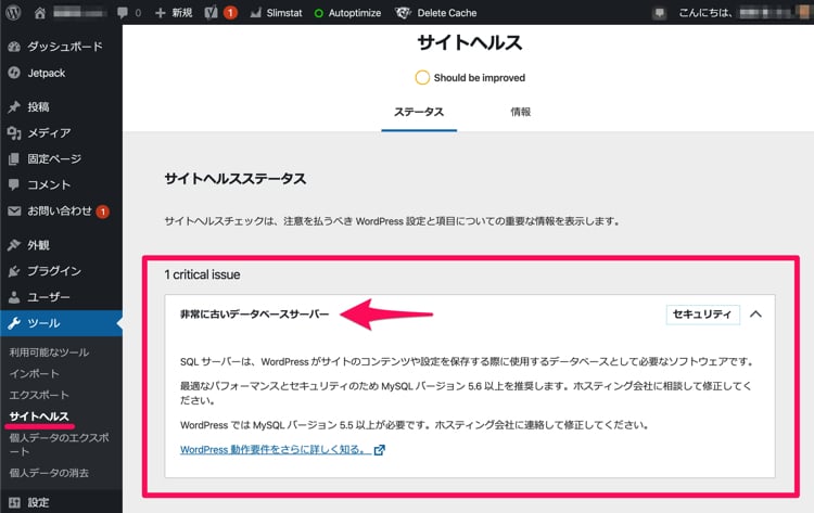 WordPressのサイトヘルスでデーターベースの指摘